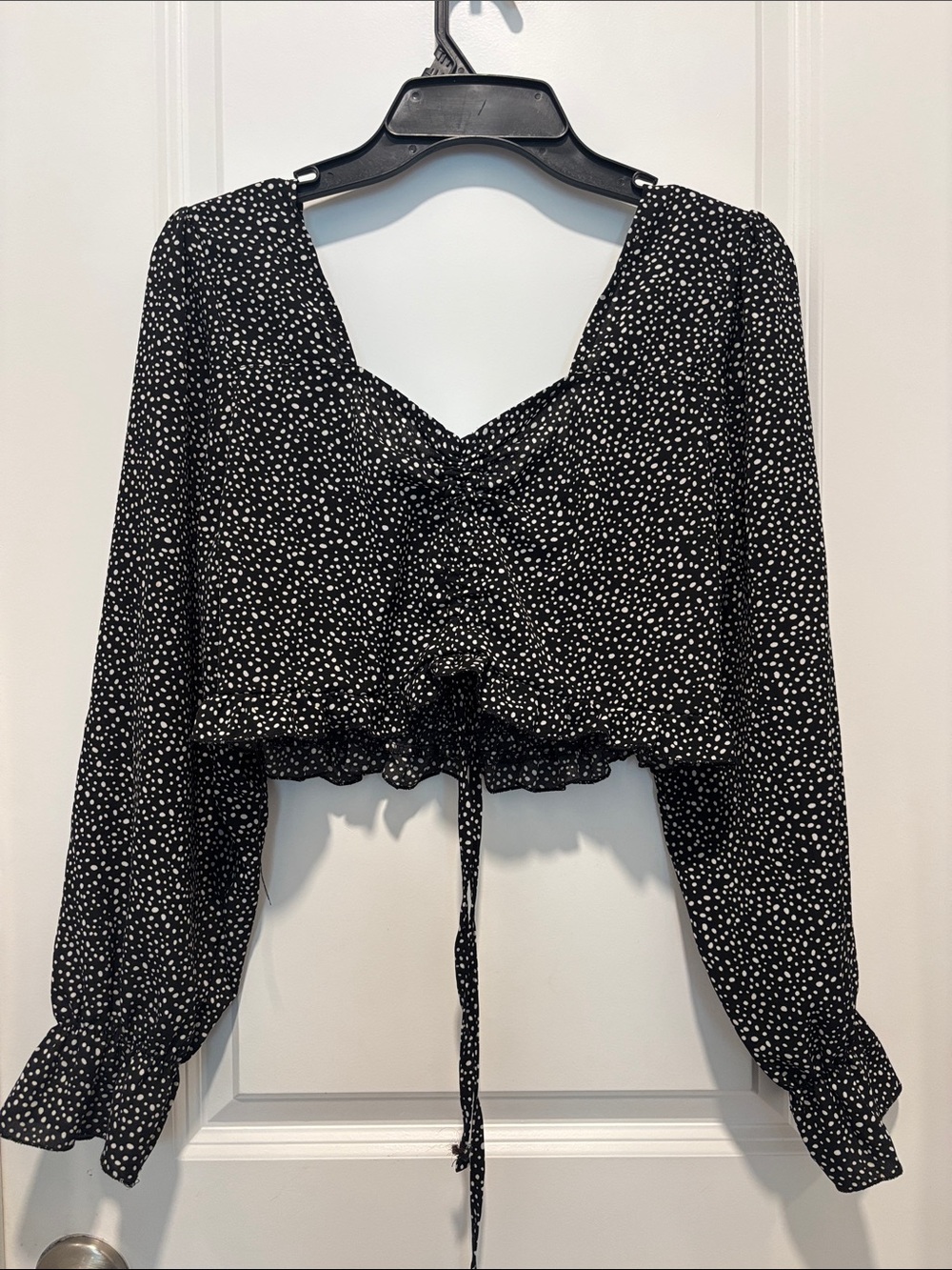 SHEIN Black with White Dot-Print Long-Sleeve Cropped Tie-Front Blouse